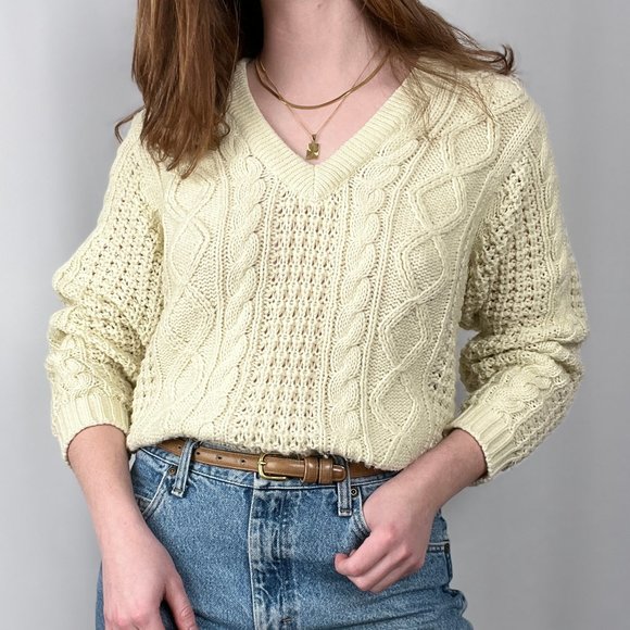 Vintage Cable Knit Oversized Fishermans Grandpa V-Neck Ribbed Preppy Sweater Top - Picture 4 of 8